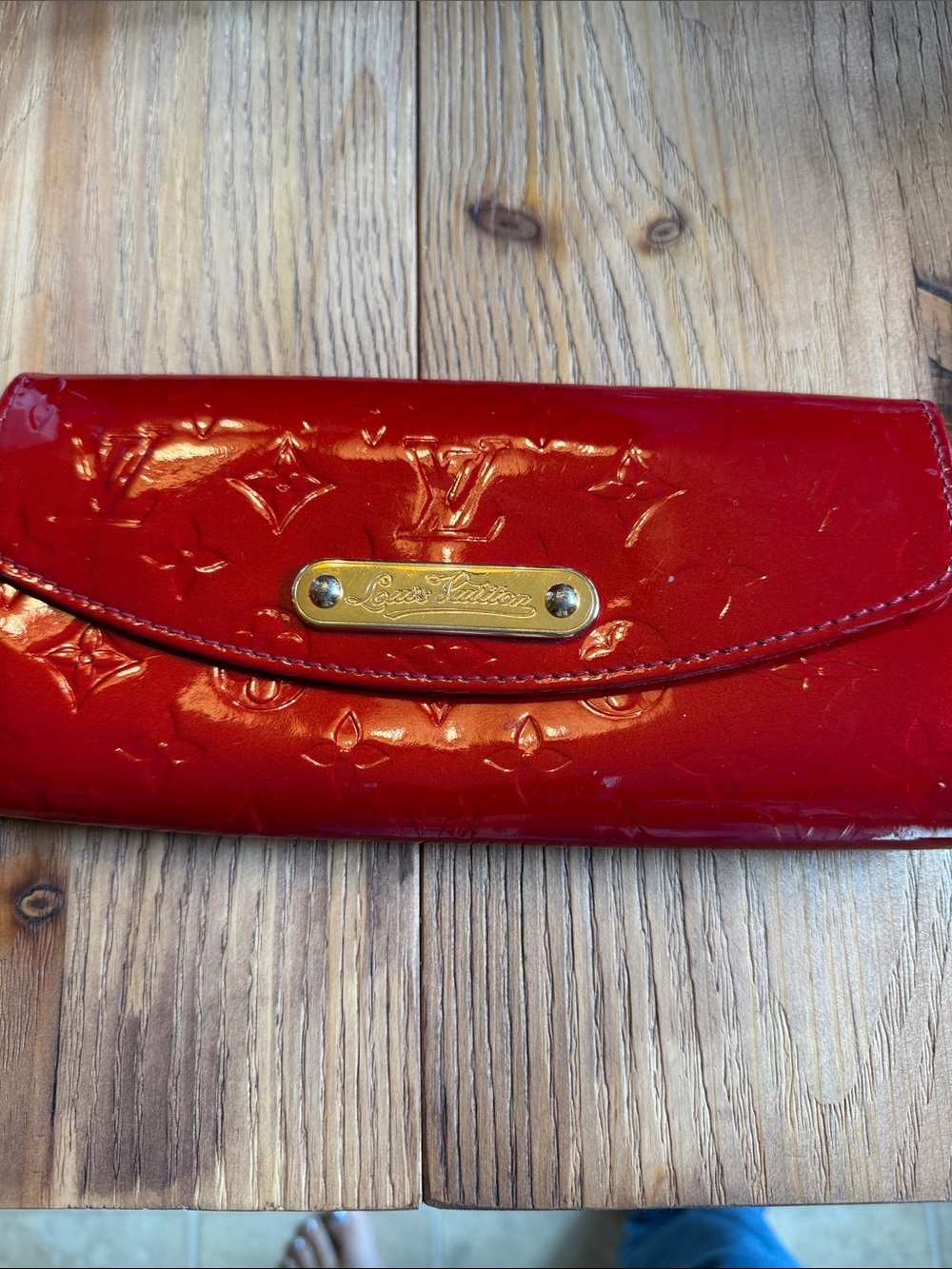 Louis Vuitton Red Vernis Monogram Clutch Wallet with Gold Plaque